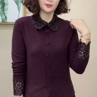 上衣气质百搭显瘦休闲衬衫 双面绒长袖 领蕾丝拼接套头T恤 新款 冬季