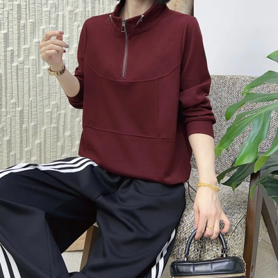 秋季新款半拉链纯色卫衣气质百搭显瘦减龄设计感半拉链无帽上衣女