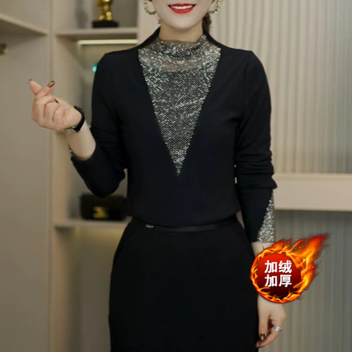 冬季新款半高领拼接烫钻长袖弹力修身优雅显瘦减龄休闲百搭上衣女