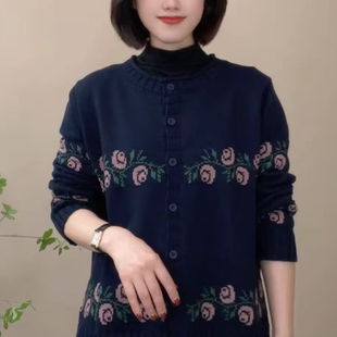 春季新款文艺复古圆领长袖刺绣印花减龄开衫上衣百搭气质针织毛衣