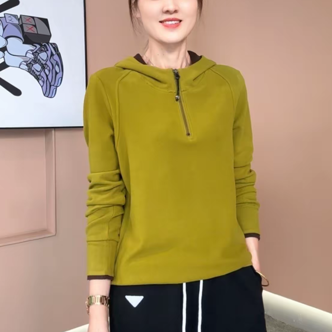 冬季新款双面绒打底衫气质百搭显瘦减龄设计感半拉链撞色连帽卫衣