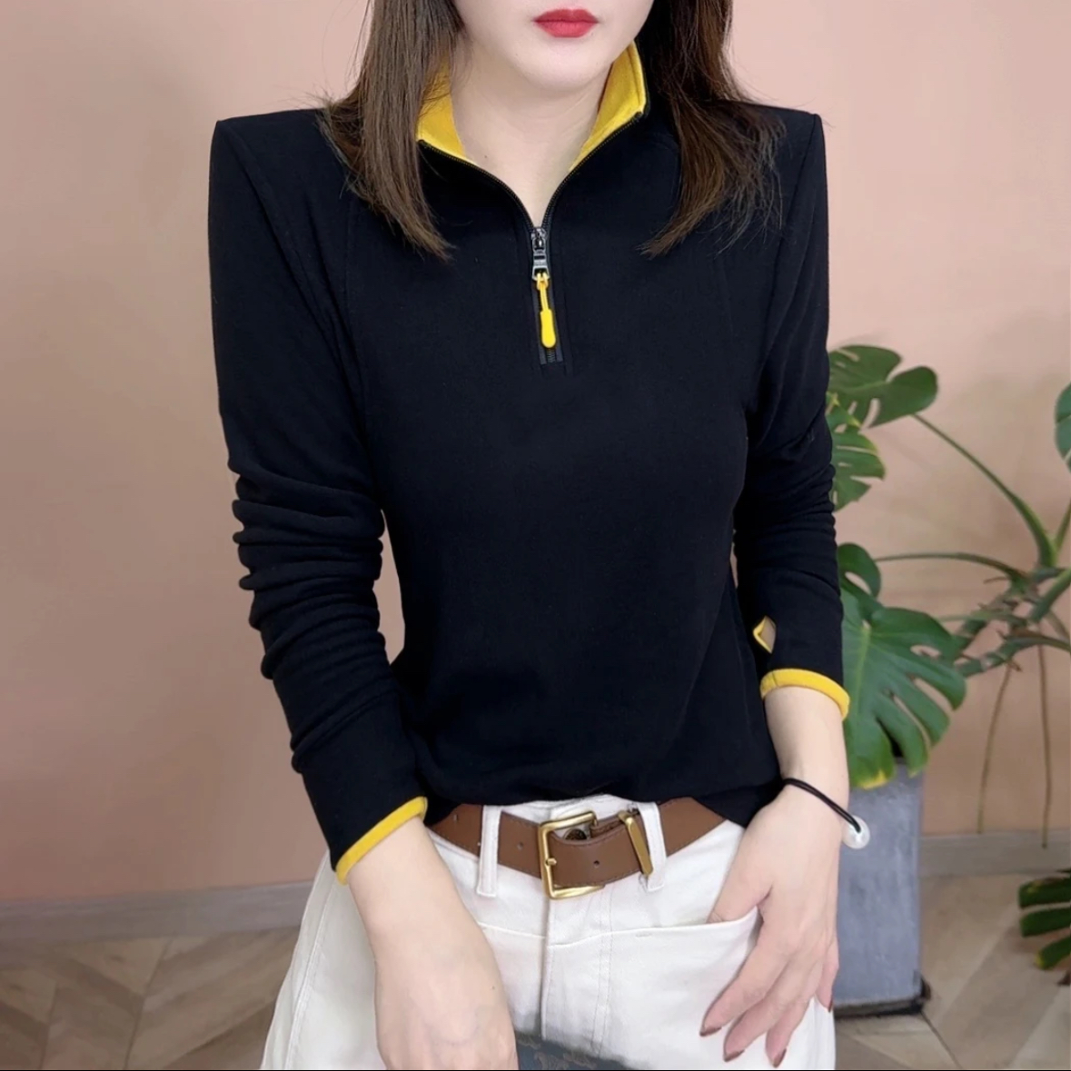 冬季新款半拉链立领双面绒气质百搭显瘦减龄设计感小众拼接上衣女