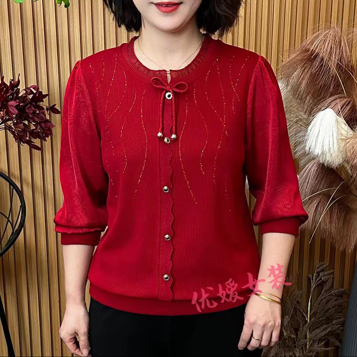春季新款新中式圆领系带烫钻打底衫花边拼接显瘦纯色妈妈休闲上衣