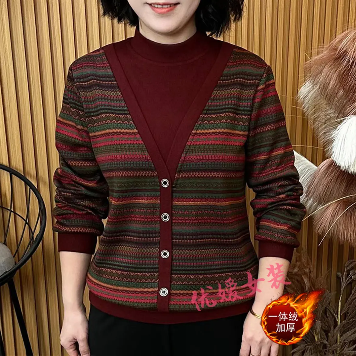 冬季新款时尚假两件宽松显瘦加绒加厚保暖条纹休闲蝴蝶结纽扣上衣