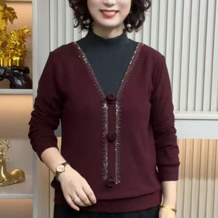 冬季新款时尚百搭宽松假两件T恤衫显瘦加绒加厚保暖烫钻花朵上衣