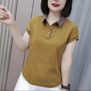 新品 妈妈装 夏季 休闲打底衫 撞色polo领时尚 洋气纯色百搭减龄短袖