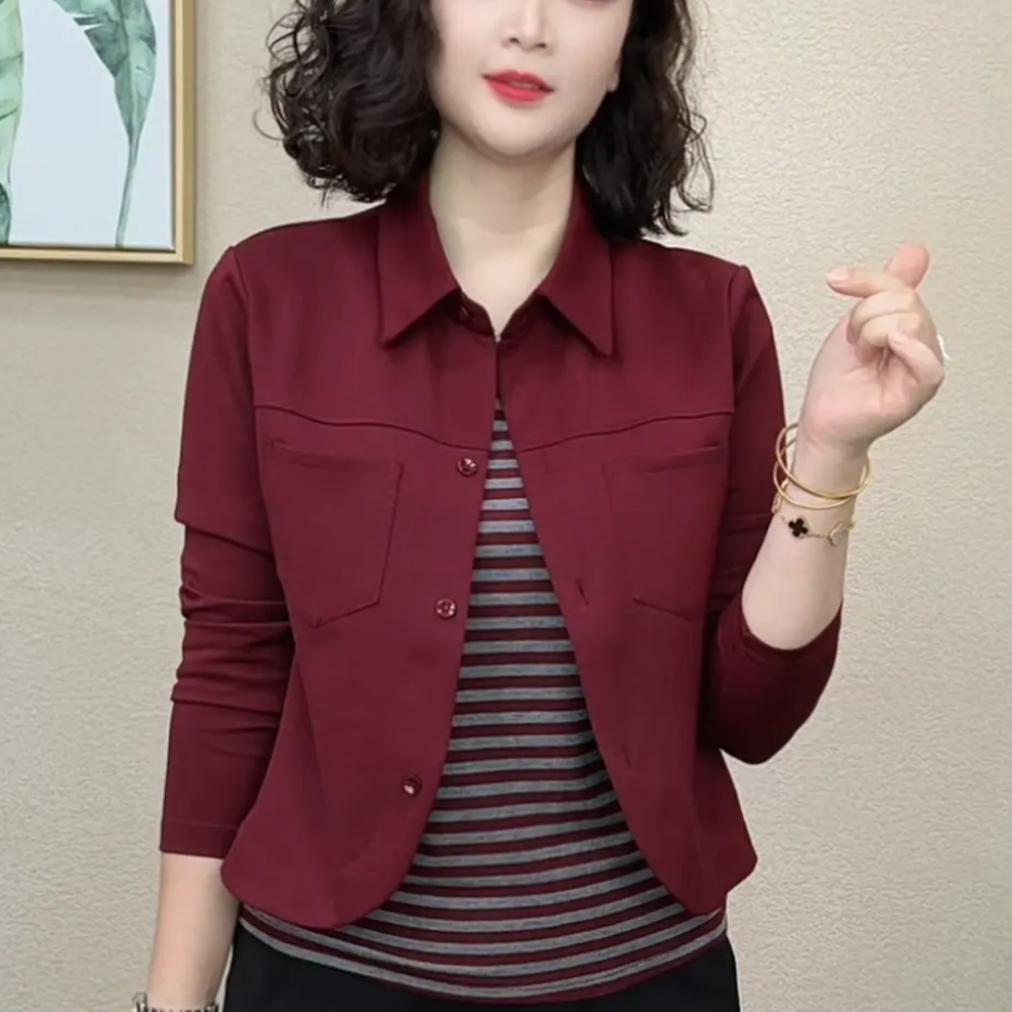 秋季新款时尚假两件衬衫款上衣显瘦减龄休闲翻领条纹拼接百搭上衣