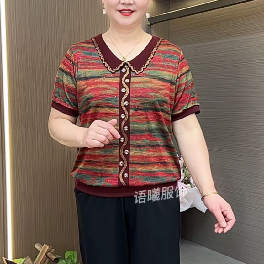 夏季新款娃娃领印花短袖气质百搭显瘦减龄烫钻条纹拼接大花打底衫