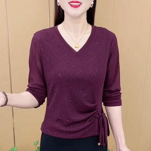 秋季新款v领烫钻上衣气质百搭纯色系绳洋气显瘦妈妈收腰优雅上衣