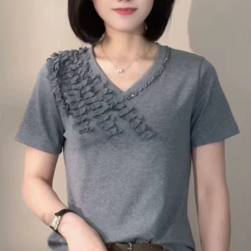 夏季新款V领短袖纯色花边洋气领口烫钻优雅显瘦减龄休闲百搭上衣