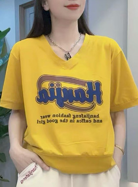 夏季新款V领短袖卫衣女宽松显瘦减龄设计感字母印花洋气套头上衣