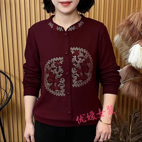 冬季新款洋气百搭宽松双面绒保暖打底衫盘扣烫钻新中式妈妈上衣女