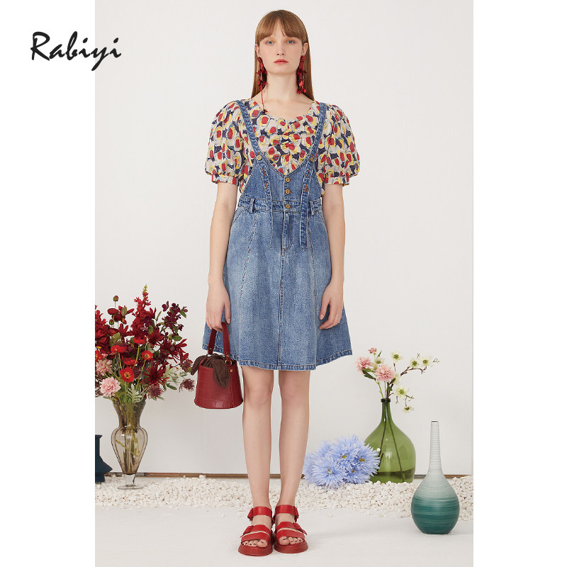 Rabiyi/洛呗一商场同款2020夏装新款复古花纹泡泡袖上衣S1092F