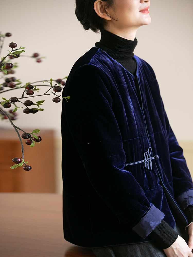 布小匠原创设计冬季新款真丝丝绒高端棉袄外套新中式国风蓝色棉衣