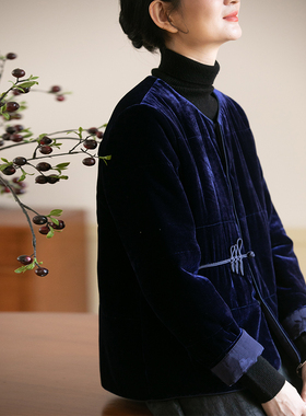 布小匠原创设计冬季新款真丝丝绒高端棉袄外套新中式国风蓝色棉衣