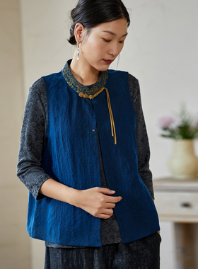 布小匠原创设计桑蚕丝蓝色香云纱拼接马夹女款秋季新中式国风马甲