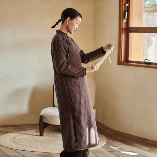 连衣裙 冬季 布小匠原创设计棉麻提花正肩改良旗袍女2026新款 中式