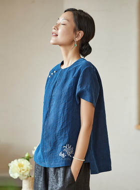 布小匠原创设计蓝色龟纹香云纱桑蚕丝绣花显瘦新中式上衣短袖衬衫