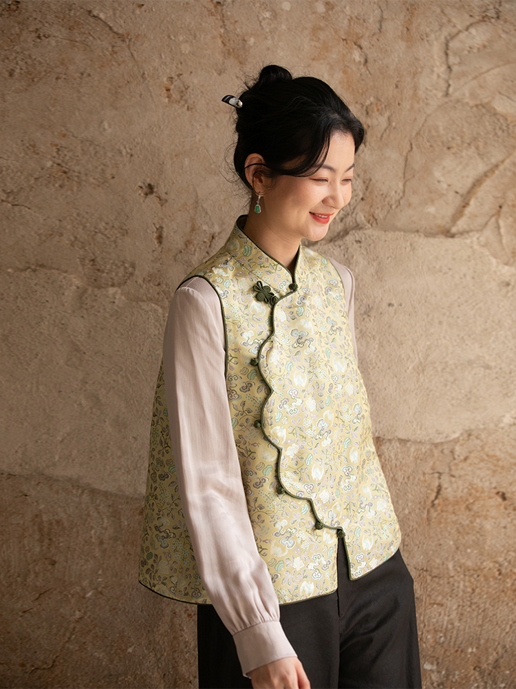 布小匠原创设计春季新款桑蚕丝宋锦马甲新中式复古盘扣真丝马夹女