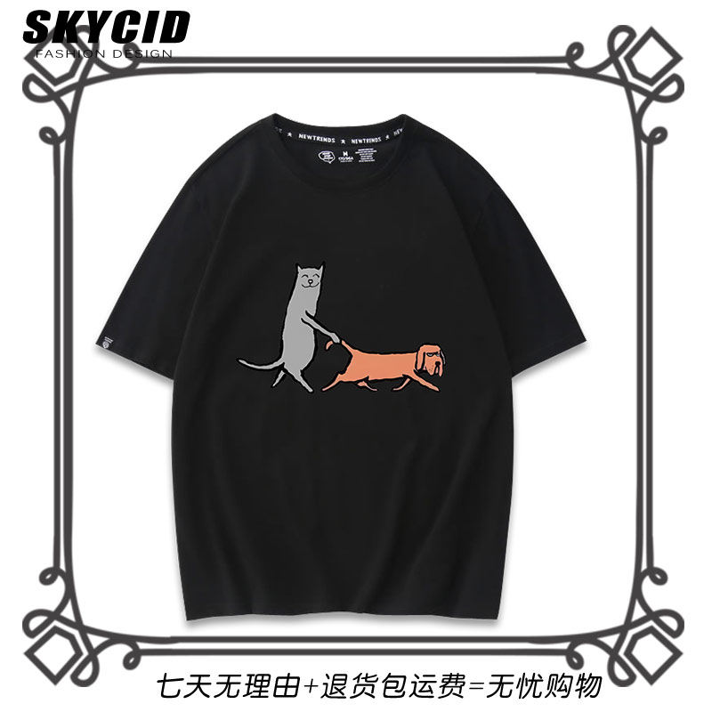 猫咪溜狗趣味恶搞有趣上衣二次元纯棉短袖T恤青少年夏季男女dt