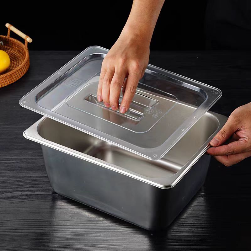 不锈钢份数盆带透明盖盒子自助餐食物盆长方形麻辣烫点商用选菜盆