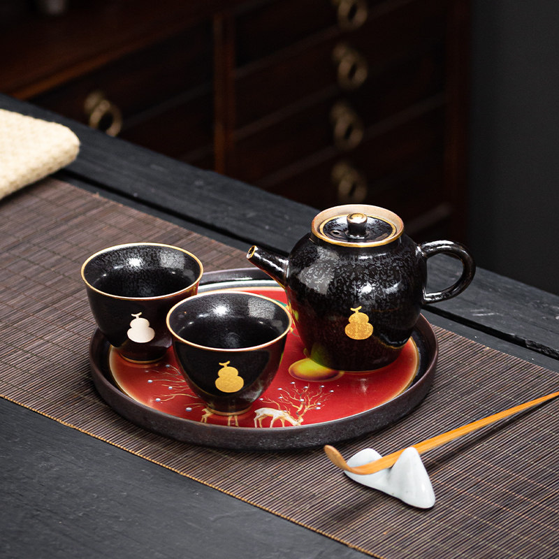 陶福气 复古茶壶小套装一壶两杯陶瓷功夫茶具壶承笔架随手礼品装