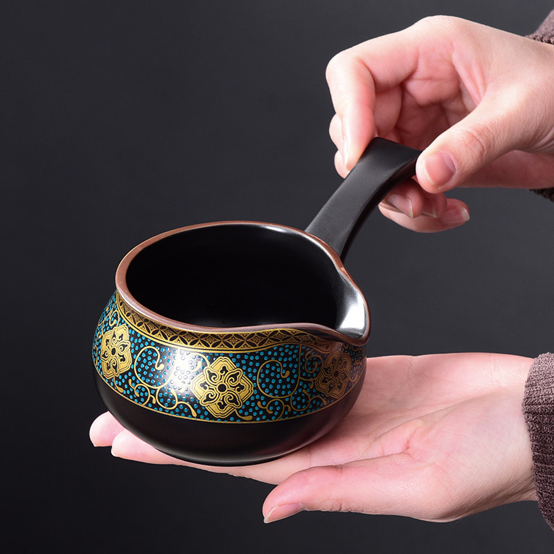 速发彩黑天目侧把公道杯 家用彩黑陶瓷分茶器茶海公杯
