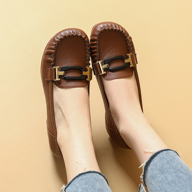 牛筋平底真皮圆头一脚蹬豆豆鞋女