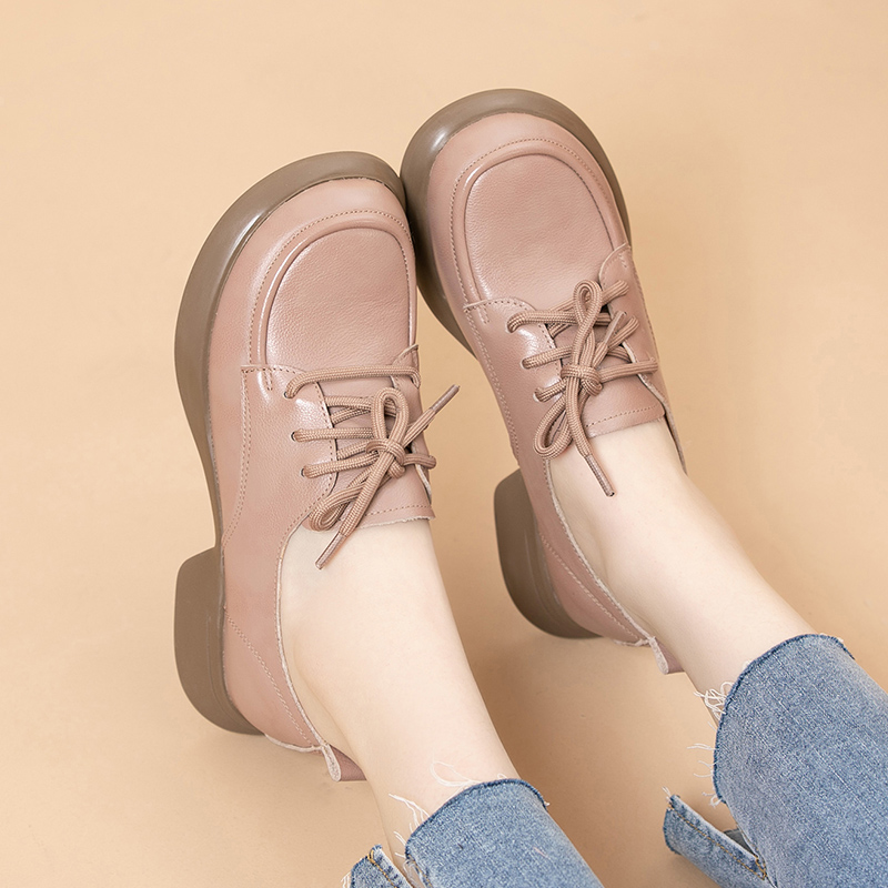 深口系带英伦风粗跟软底皮鞋女鞋