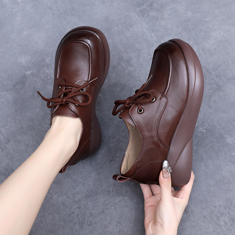 大码真皮厚底皮鞋2025秋季新款复古妈妈鞋系带英伦风松糕鞋41一43,女鞋,松糕（摇摇）鞋,淘宝优惠券,粉丝福利购,淘宝优惠卷
