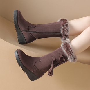 中筒靴子 41到43秋冬新款 厚底真皮雪地靴女兔毛坡跟长靴女大码 女鞋