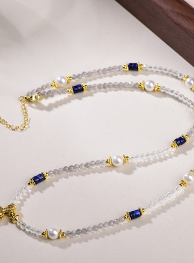 天然月光石珍珠项链女拼接青金石