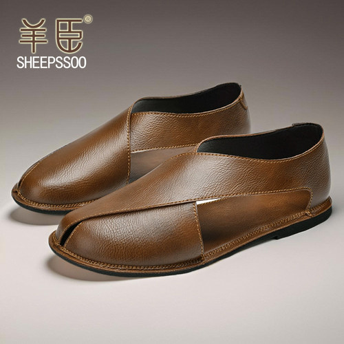 香港品牌手工牛皮凉鞋男鞋夏季透气罗马一脚蹬镂空凉皮鞋休闲真皮