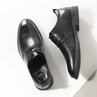 海e柜男装 高性价比！牛皮革鞋面立体感花纹黑色真皮商务正装皮鞋