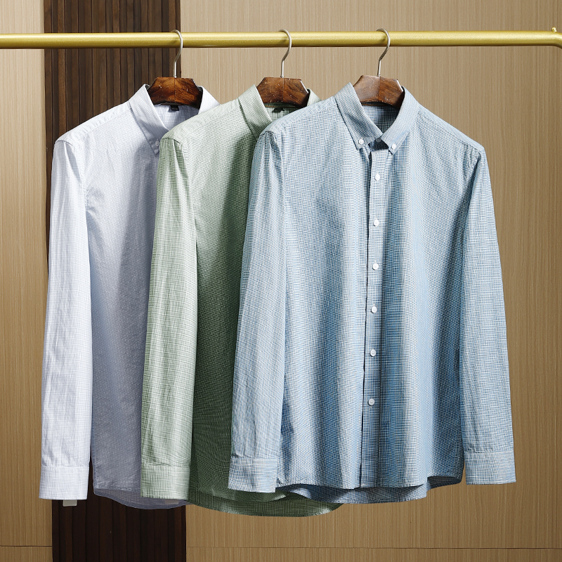 全棉透气成衣水洗细格纹长袖衬衫
