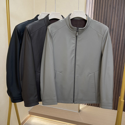 柔软弹力荔枝皮立领行政皮衣夹克