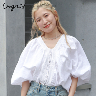 Ungrid26夏季新品女士印度棉灯笼袖罩衫短袖日系小个子五分袖衬衫