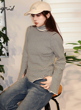 Ungrid冬季休闲修身通勤横纹洋气高领喇叭袖套头毛衣女1124126612