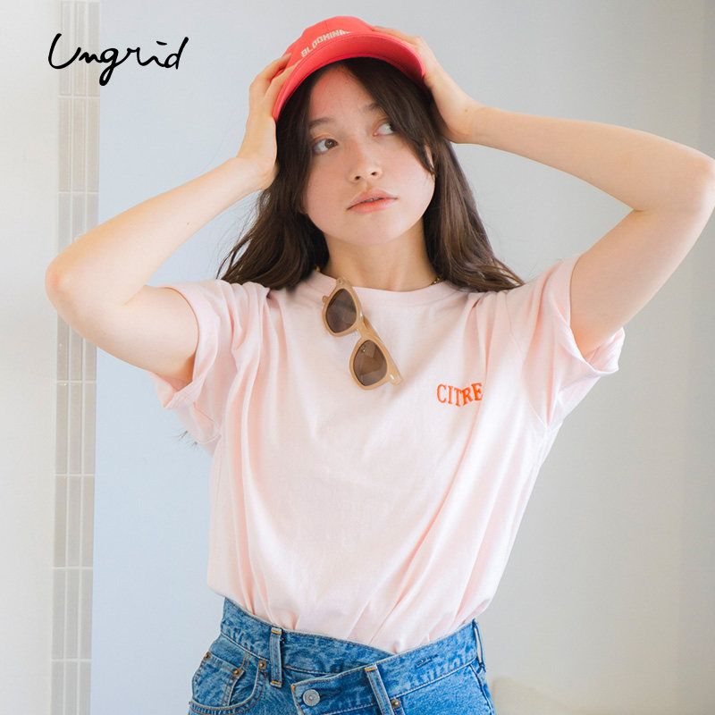 Ungrid 2025年春季纯色纯棉马卡龙色刺绣短袖T恤上衣1125227236