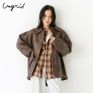 Ungrid女士美拉德复古水磨设计宽松PU皮夹克外套1125502379