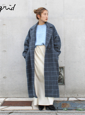 Ungrid25冬季新品慵懒格纹羊毛混纺廓形长款厚毛呢大衣1125600800