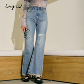 直筒破洞毛边设计微喇牛仔裤 修身 1125124113 新品 Ungrid2025年春季