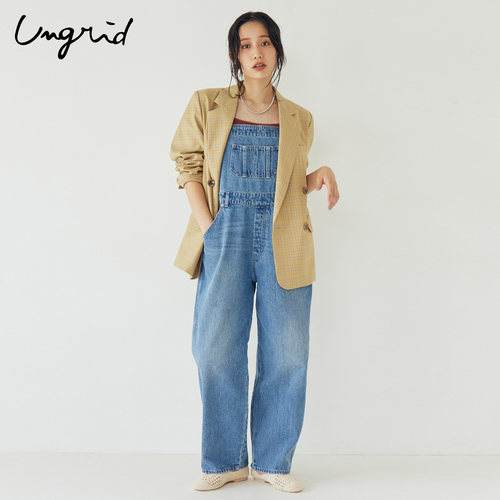 Ungrid高腰阔腿拖地牛仔背带长裤