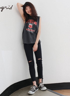 Ungrid牛仔裤春款磨破毛边弹力九分破洞修身显瘦铅笔裤1100024004