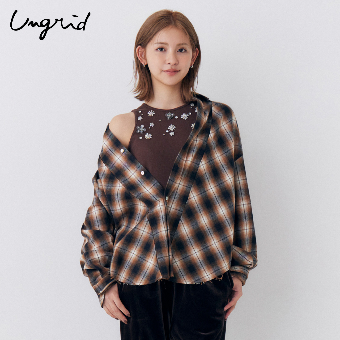 Ungrid26早秋新品日系女复古格子remake衬衫宽松男友风休闲上衣