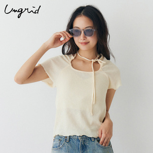 Ungrid26春夏新品日系高腰木耳边系带设计微透短袖T恤1126227430