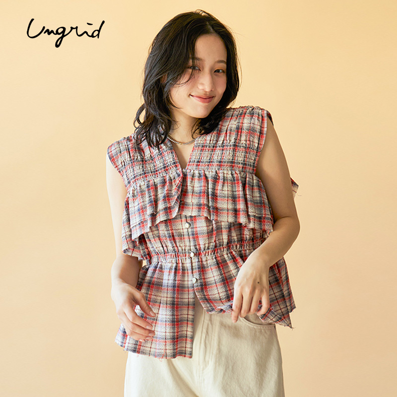 Ungrid25春夏新品格纹收腰无袖衫