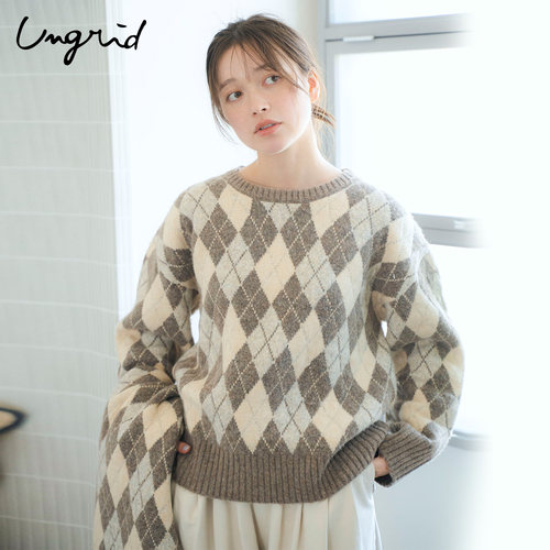Ungrid撞色菱格纹长袖毛针织衫