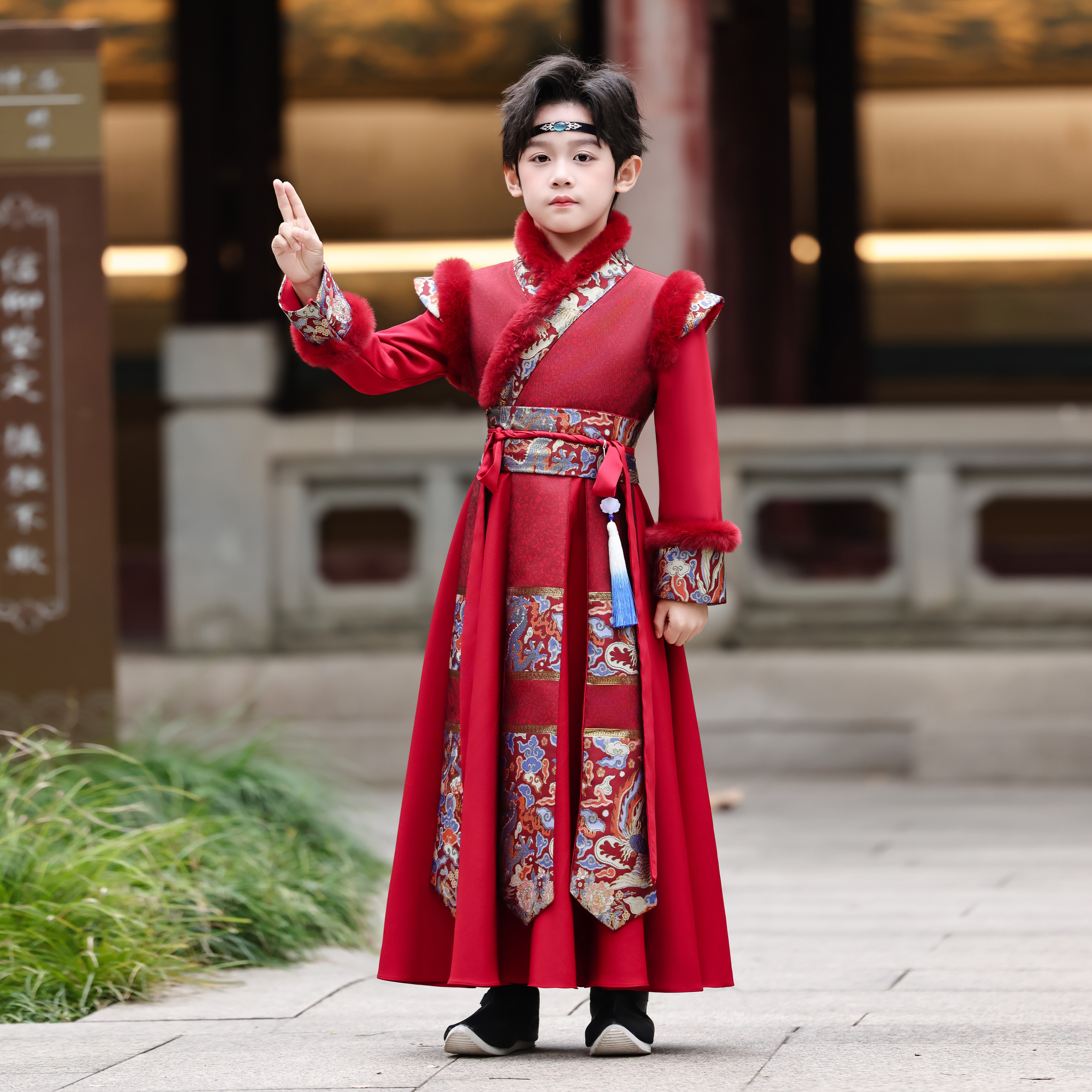 秋冬季加绒加厚男童汉服古风武侠