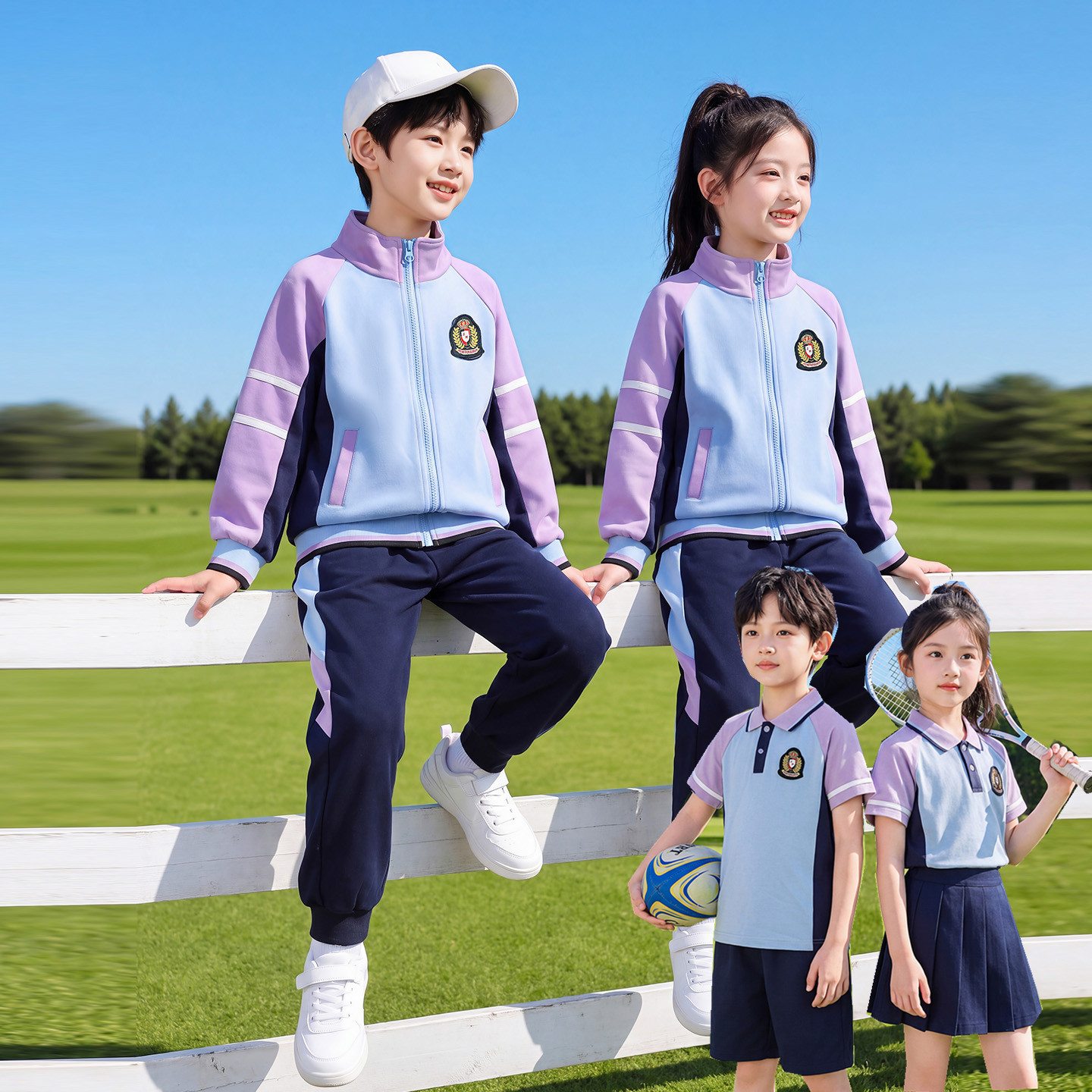 小学生校服春秋三件套紫色学院风儿童秋季运动班服套装幼儿园园服